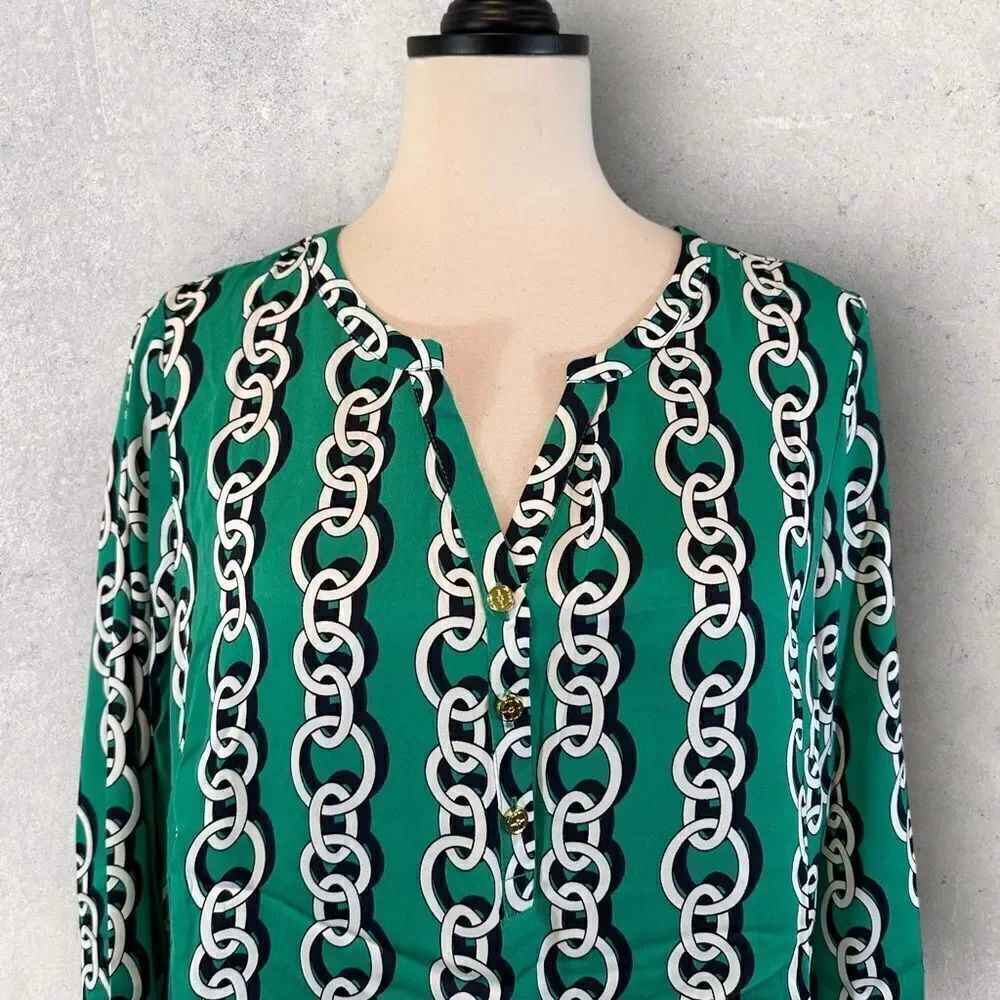 Iman Green Tunic Top Asymmetrical Hem Chainlink Print Size M NWT